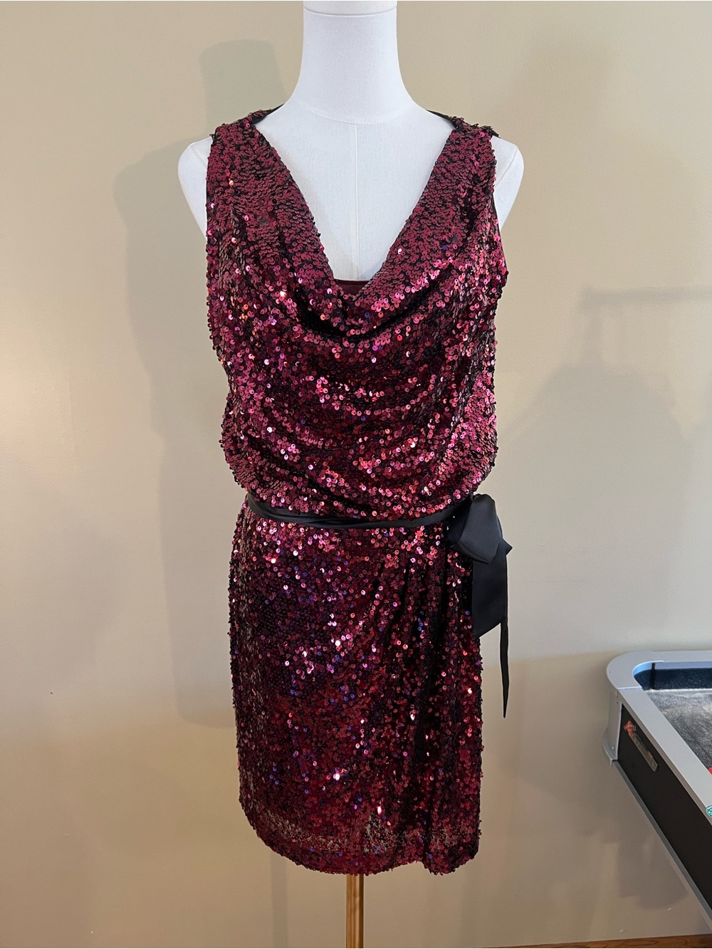 Women's Dark Red Sequin Cowl Neck Dress with satin Sash